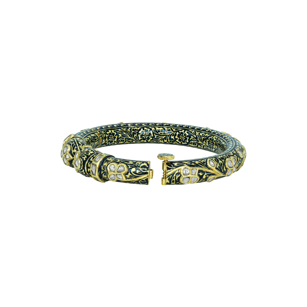 Polki Bangle with Black Enamel and Floral Motifs